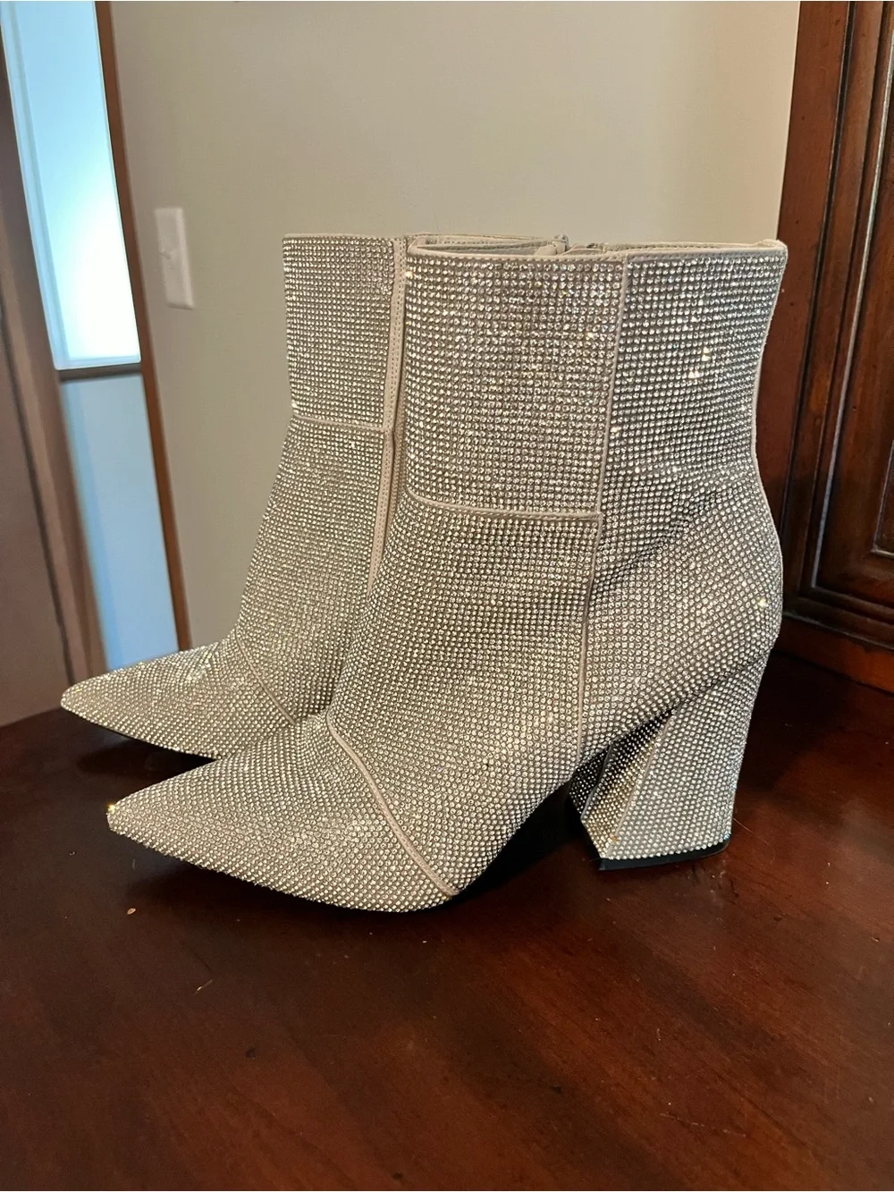 Madden Girl Silver Crystal Embellished Pointed Toe Block Heel Ankle Boots